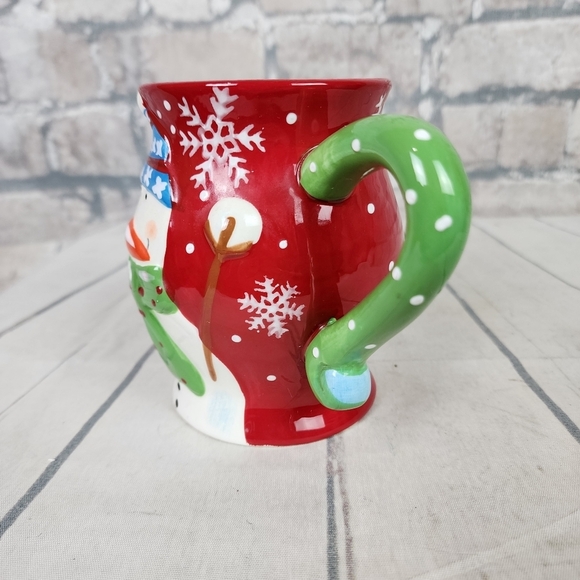 Pier 1 Imports Jolly Holiday Snowman 3D Mug Red Green Handpainted 16oz - Picture 3 of 15